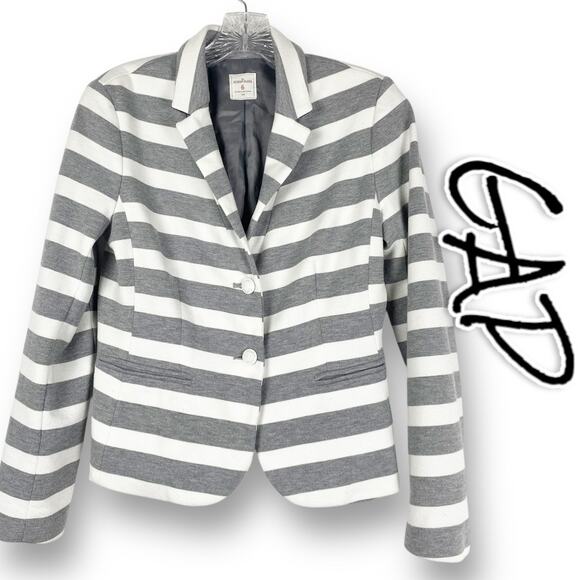 GAP Striped Ponte Academy Blazer Gray White Preppy Notched Lapel Womens Size 6 - Picture 1 of 11